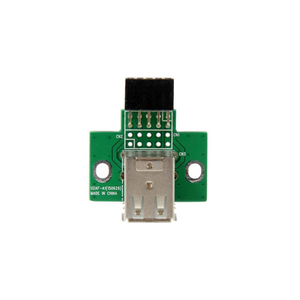 Scheda elettronica verde con porta USB e connettore nero.