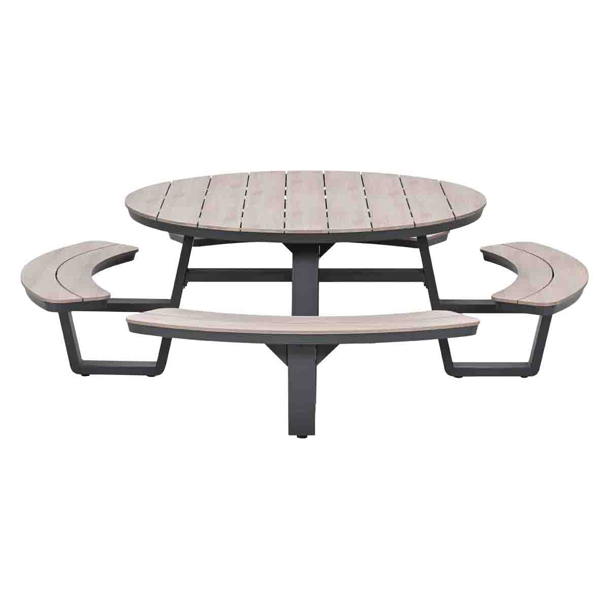 A round wooden picnic table with attached curved benches on a dark metal frame.