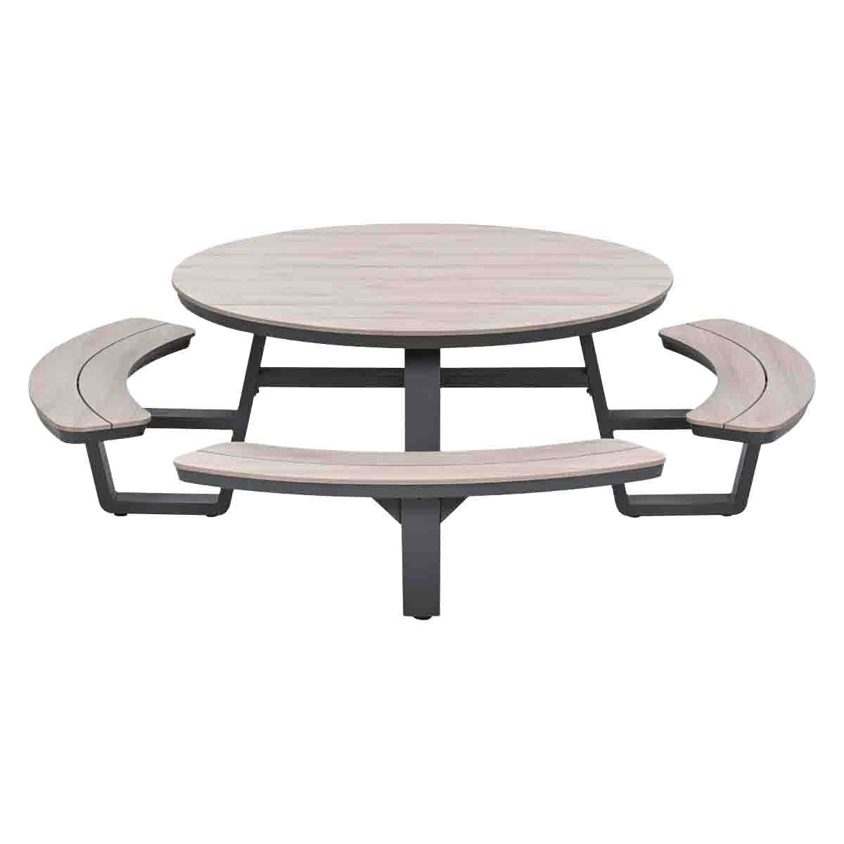 A round wood-look tabletop with four attached benches on a dark metal frame.
