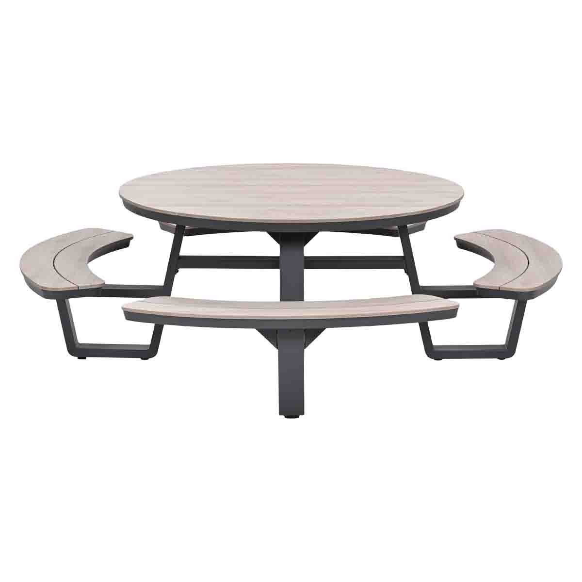 Round table with light wood laminate top and gray metal legs.