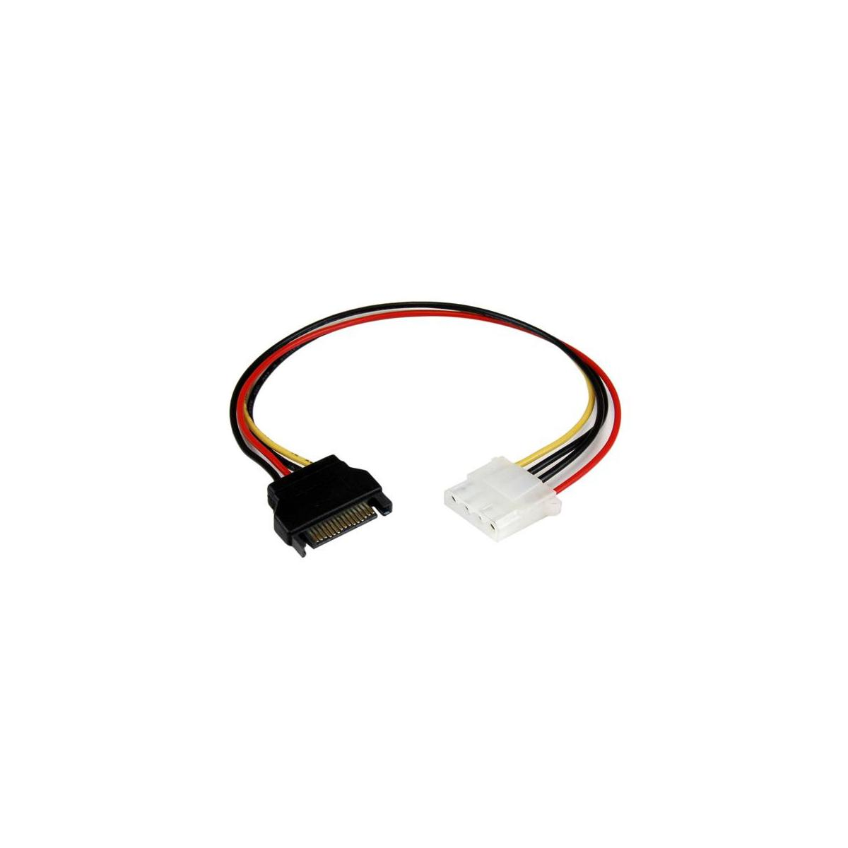 Un adaptador SATA a Molex negro con tres cables: rojo, amarillo y negro.
