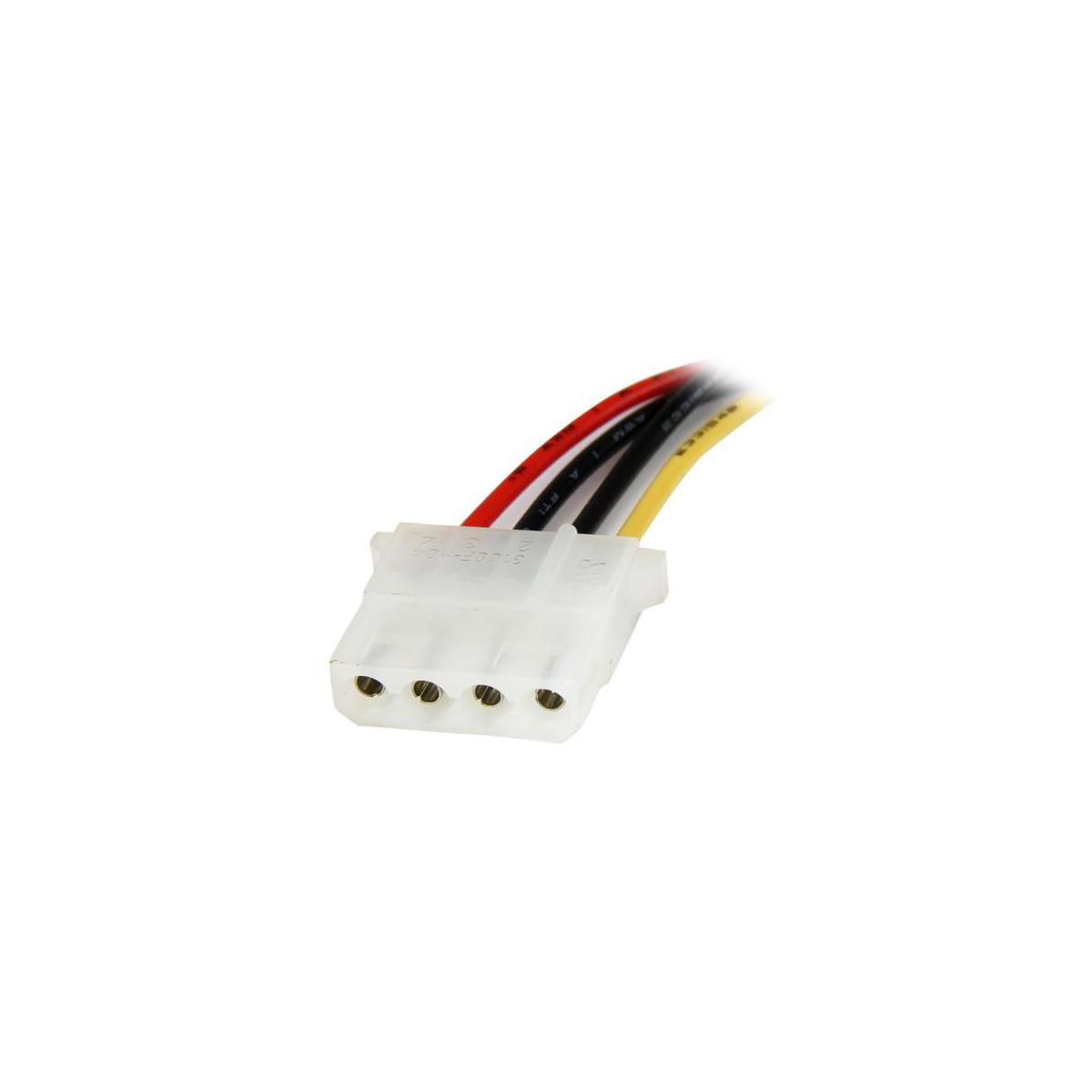 Un conector blanco de tres pines con cables rojo, negro y amarillo.