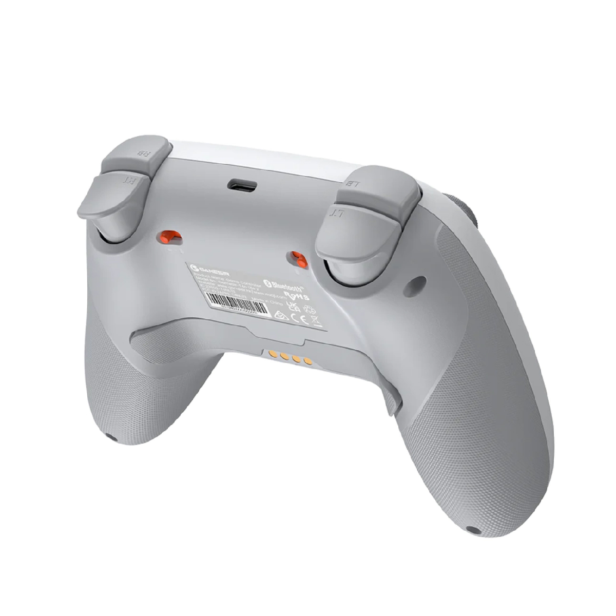 Controller da gioco grigio con accenti bianchi e impugnatura testurizzata.