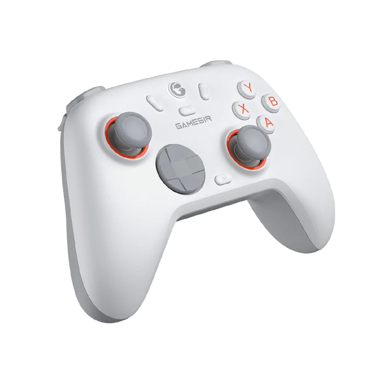 Un controller di gioco bianco con joystick e pulsanti grigi.