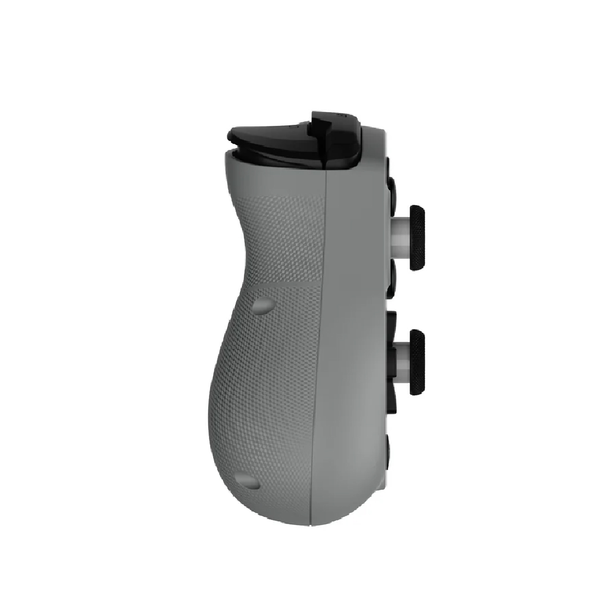 Controller di gioco grigio con pulsanti neri, mostrato di lato.