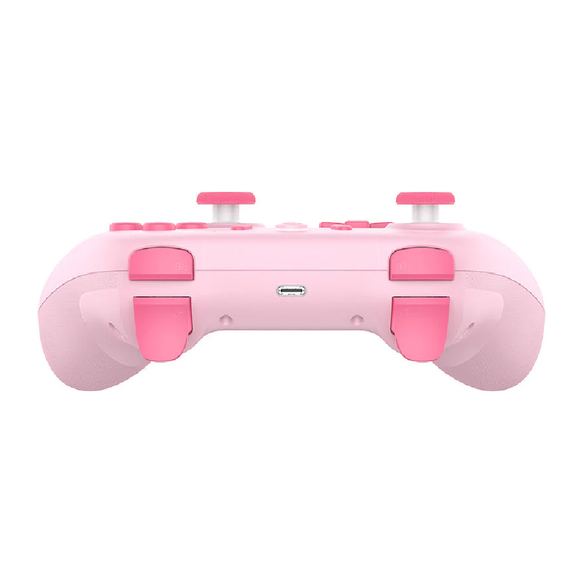 Un controller di gioco rosa con due joystick e pulsanti. È visibile una porta USB-C.
