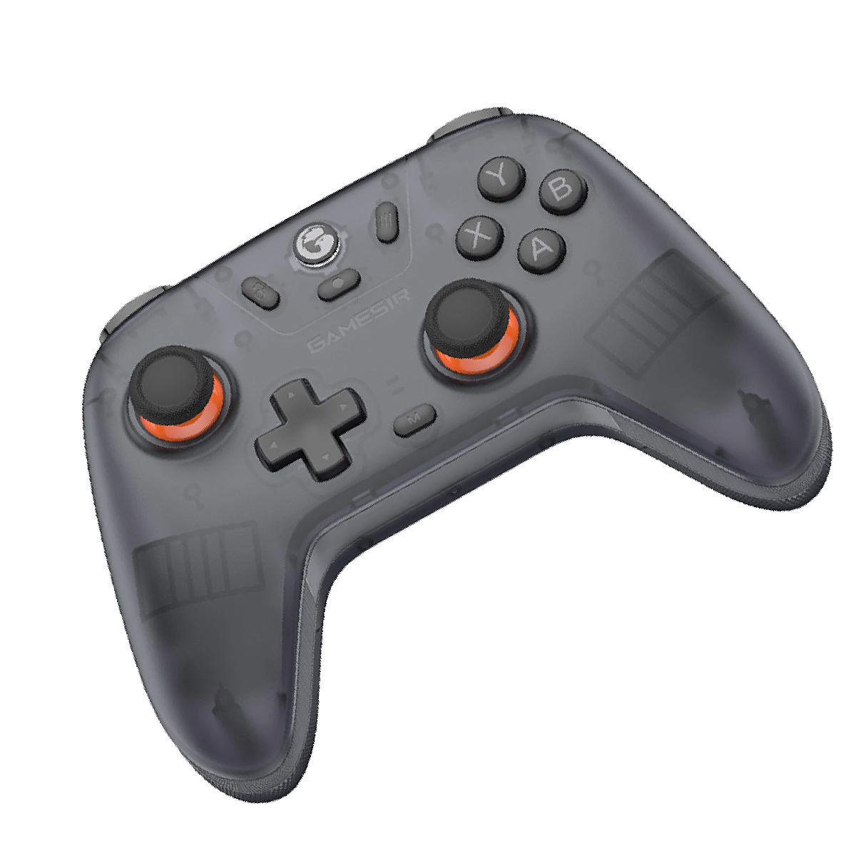 Un controller di gioco grigio trasparente con accenti arancioni e joystick neri.
