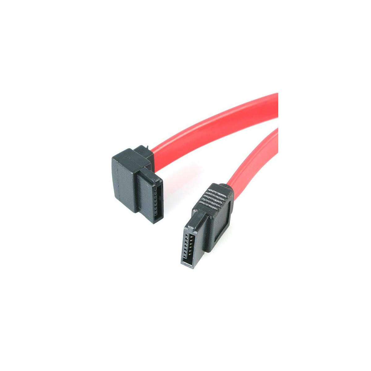 A red SATA cable with black connectors, isolated on a white background.