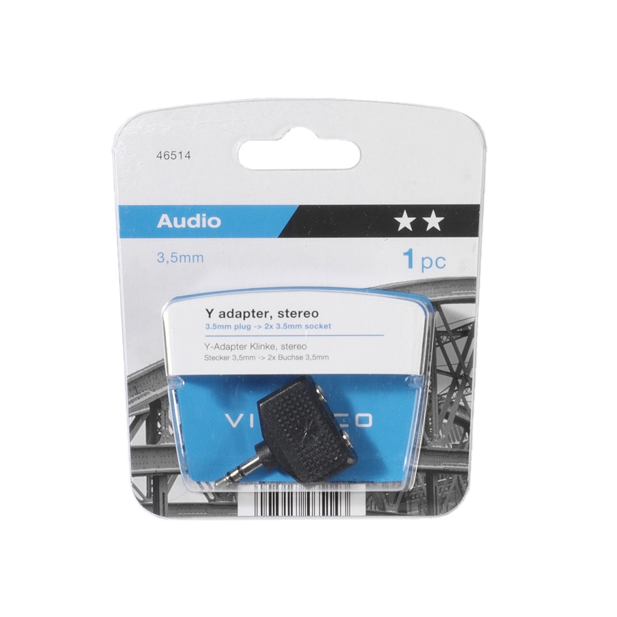 Ein schwarzer 3,5-mm-Stereo-Y-Adapter in einer Blisterverpackung.