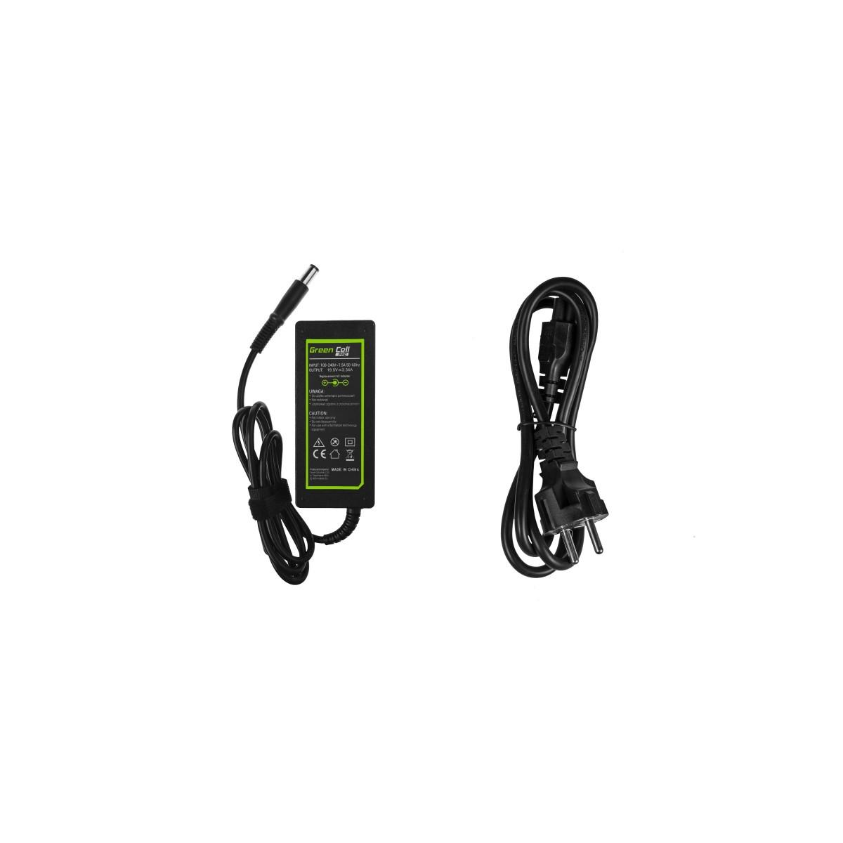 Ein grüner Laptop-Netzteil mit Kabel und ein schwarzes Netzkabel mit Stecker.