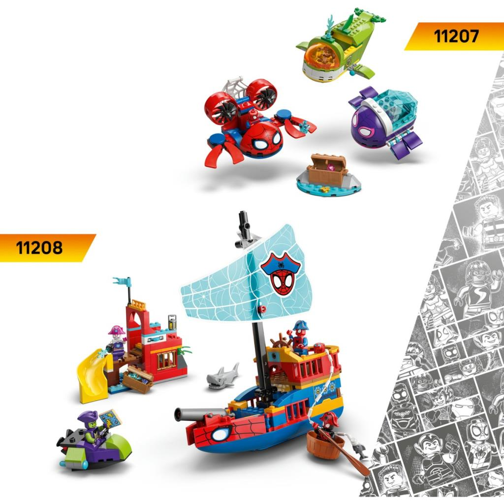 LEGO Örümcek Adam uçakları ve figürlü korsan gemisi.
