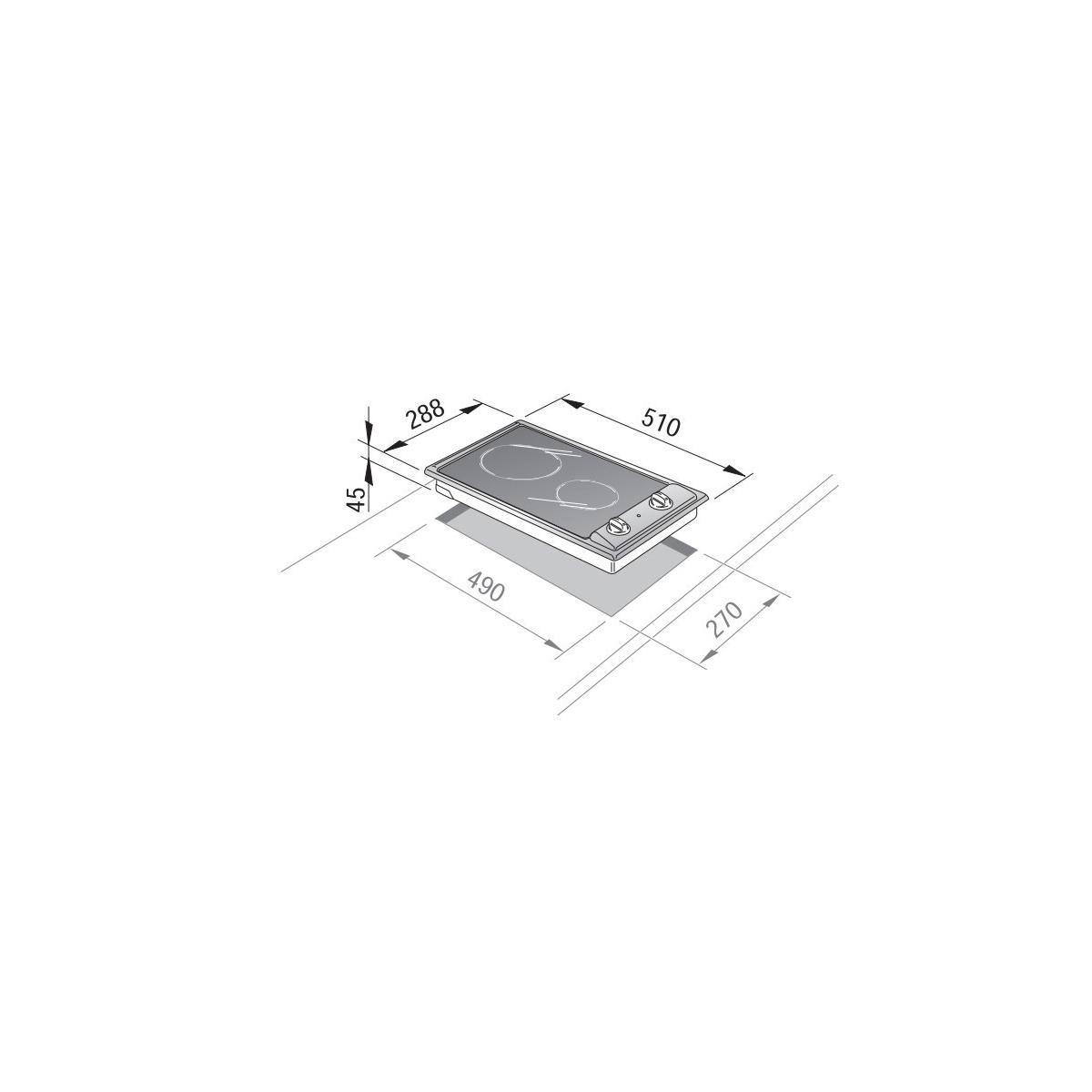 Piano cottura da incasso con quattro fuochi e controlli, dimensioni indicate.