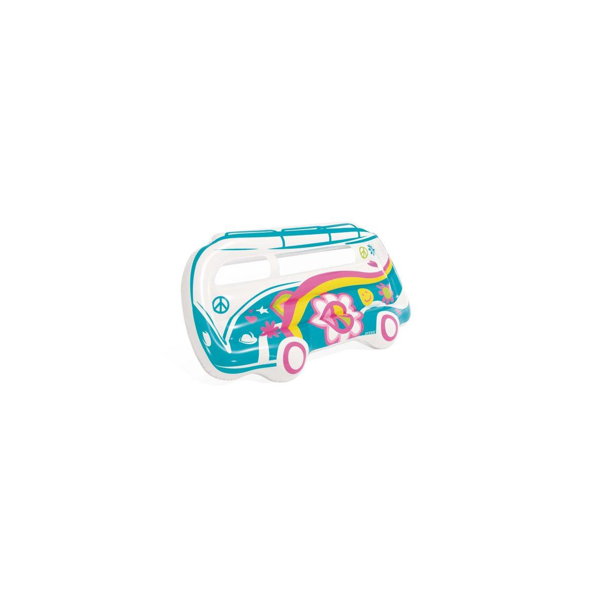 Aufblasbarer Hippie-Bus mit Peace-Zeichen und Blumen in Blau, Pink und Gelb.