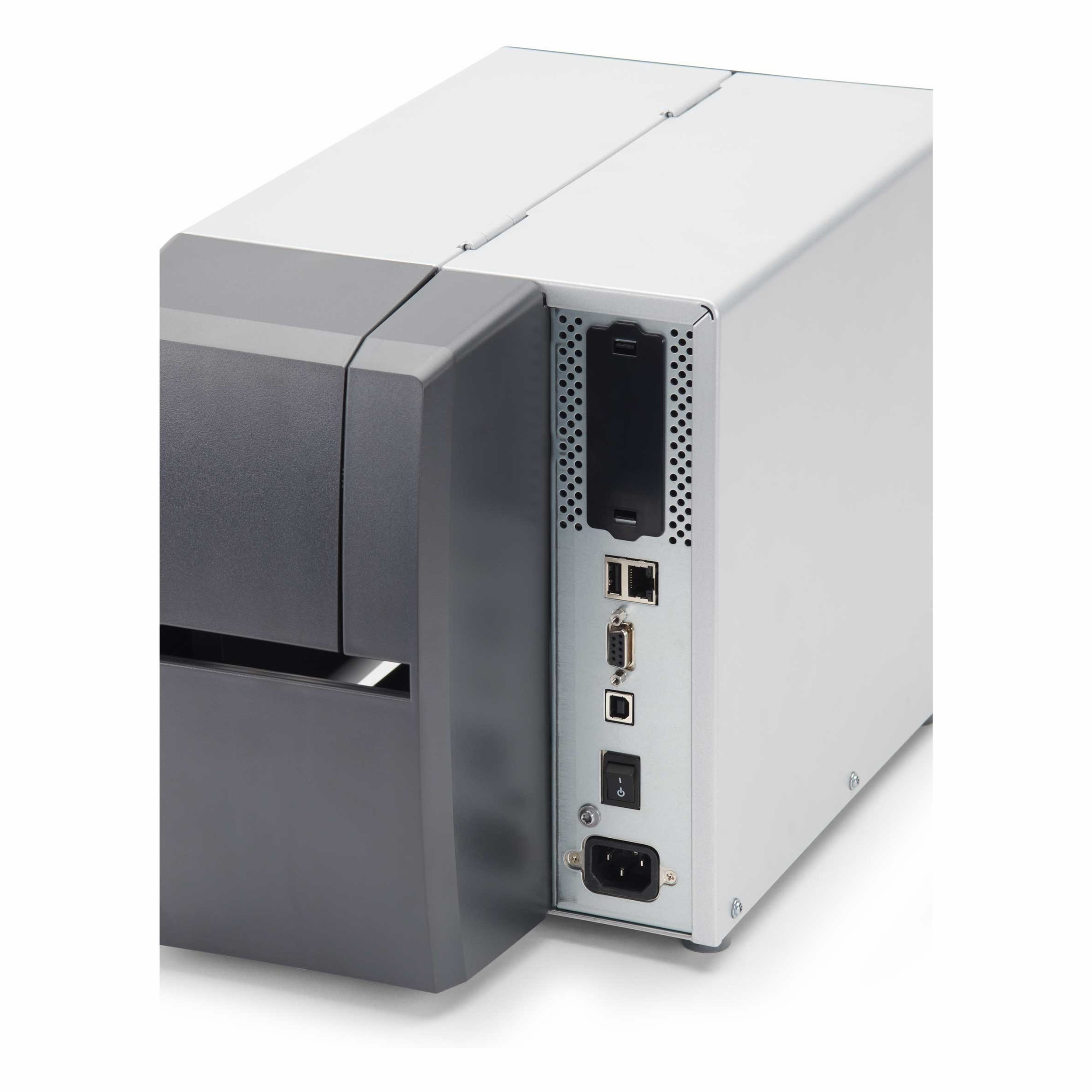 Yazıcının arkası, bağlantı noktaları: Ethernet, seri, USB, güç anahtarı ve güç konektörü.
