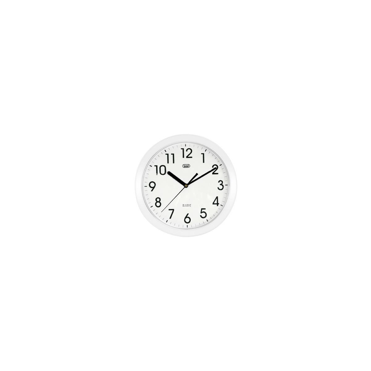 Eine weiße Wanduhr mit schwarzen Ziffern und Zeigern zeigt 9:50 Uhr.