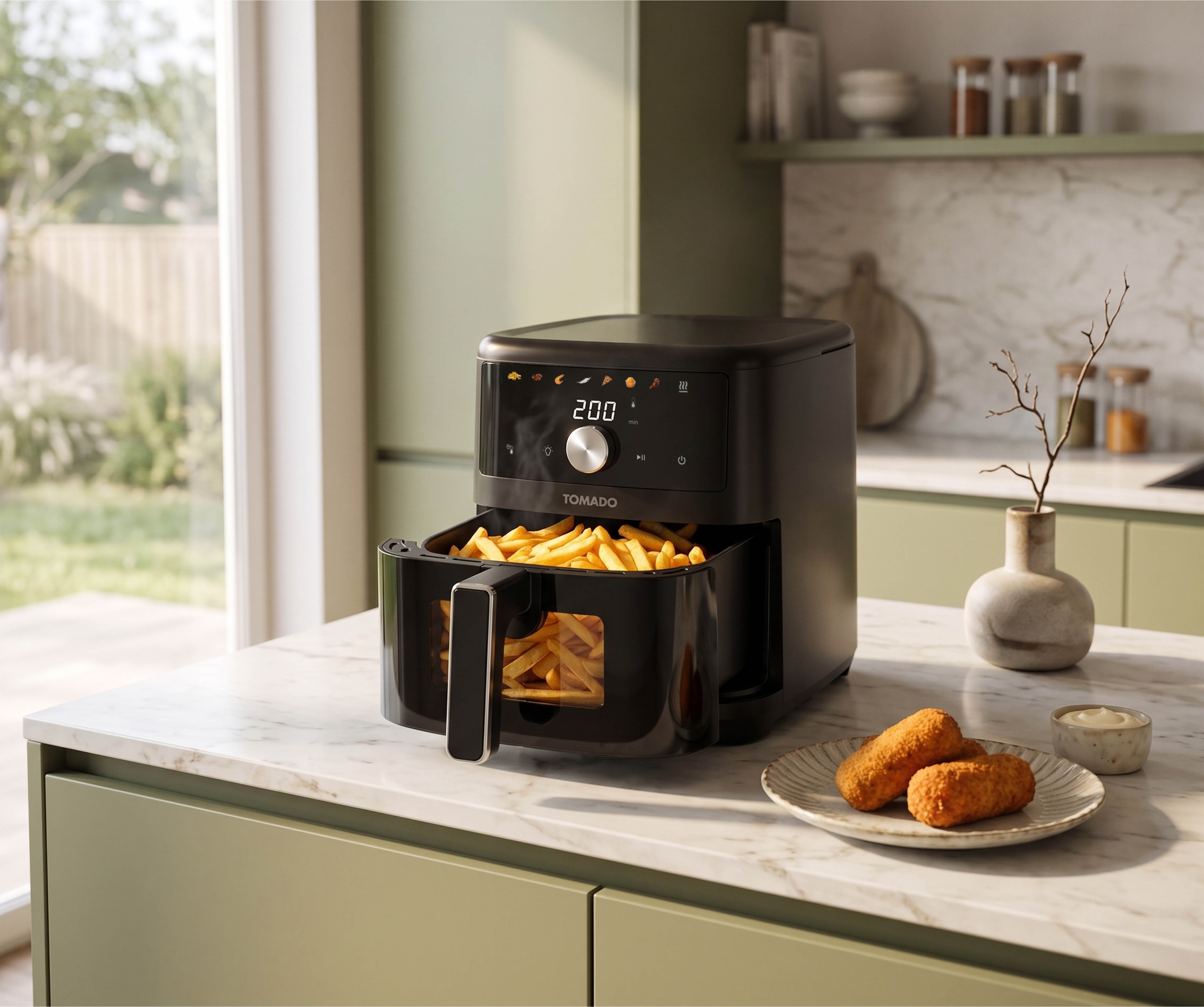 A black air fryer filled with fries, next to a plate of croquettes.