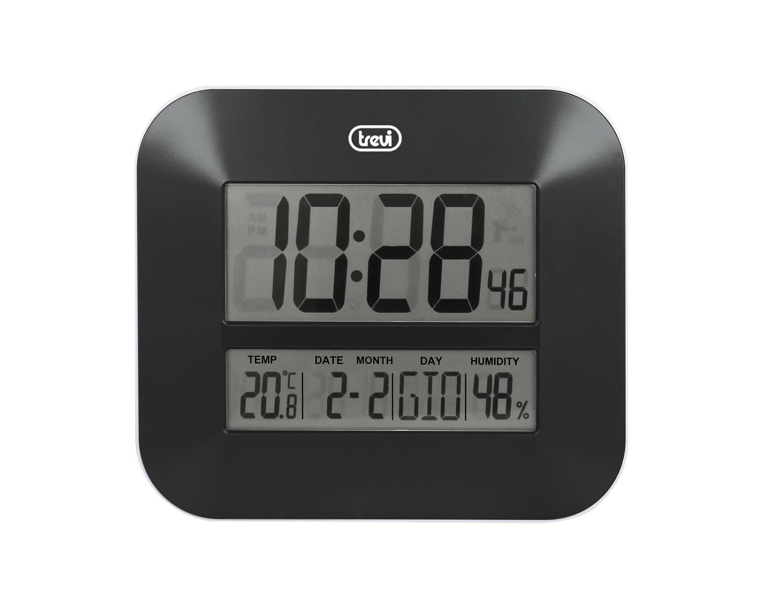 Ein schwarzer digitaler Wecker zeigt 10:28 Uhr, 20,8°C, 2-Feb, 46% Luftfeuchtigkeit.