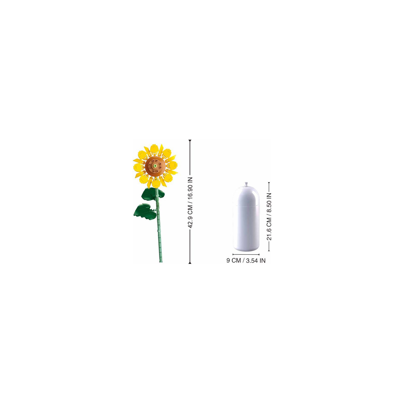 Ein Lego-Sonnenblumenmodell neben einem weißen Behälter, mit Maßen.
