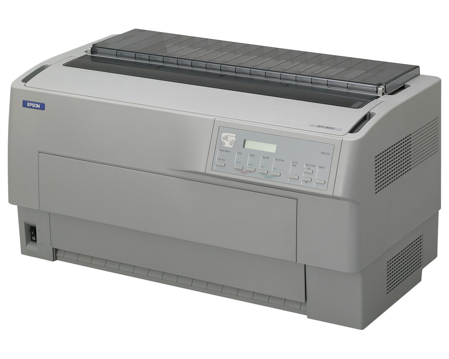 Una stampante a matrice di punti Epson DFX-9000 grigia con pannello di controllo e uscita carta.