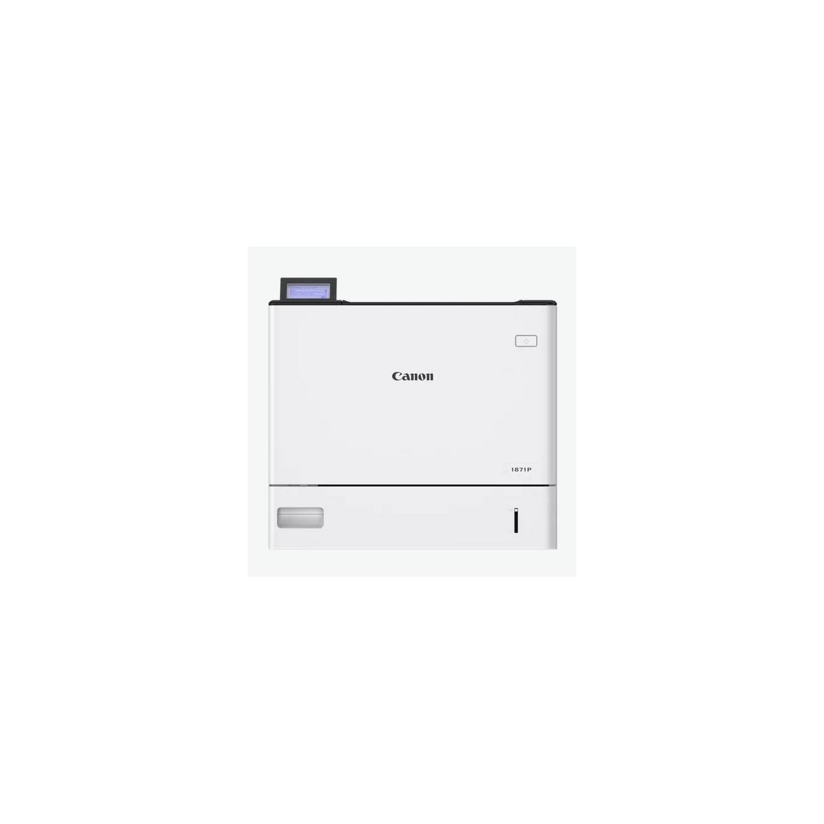 Ein weißer Canon-Laserdrucker mit einem Bedienfeld oben und einer Schublade unten.