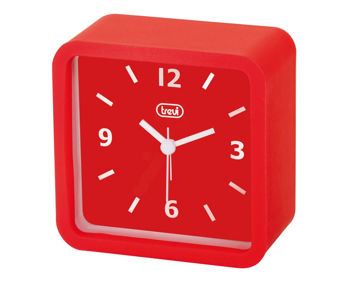 Een rode wekker met een wit wijzerplaat en wijzers. Het is 10:10.