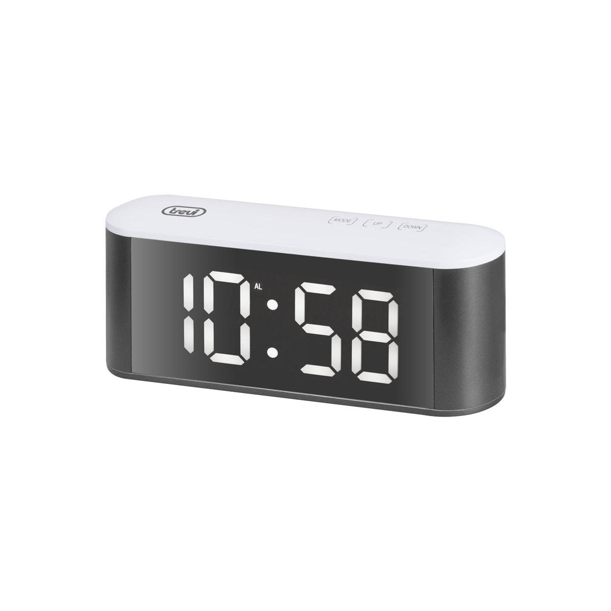 Ein moderner digitaler Wecker mit weißer Oberseite und schwarzem Gehäuse zeigt 10:58 an.