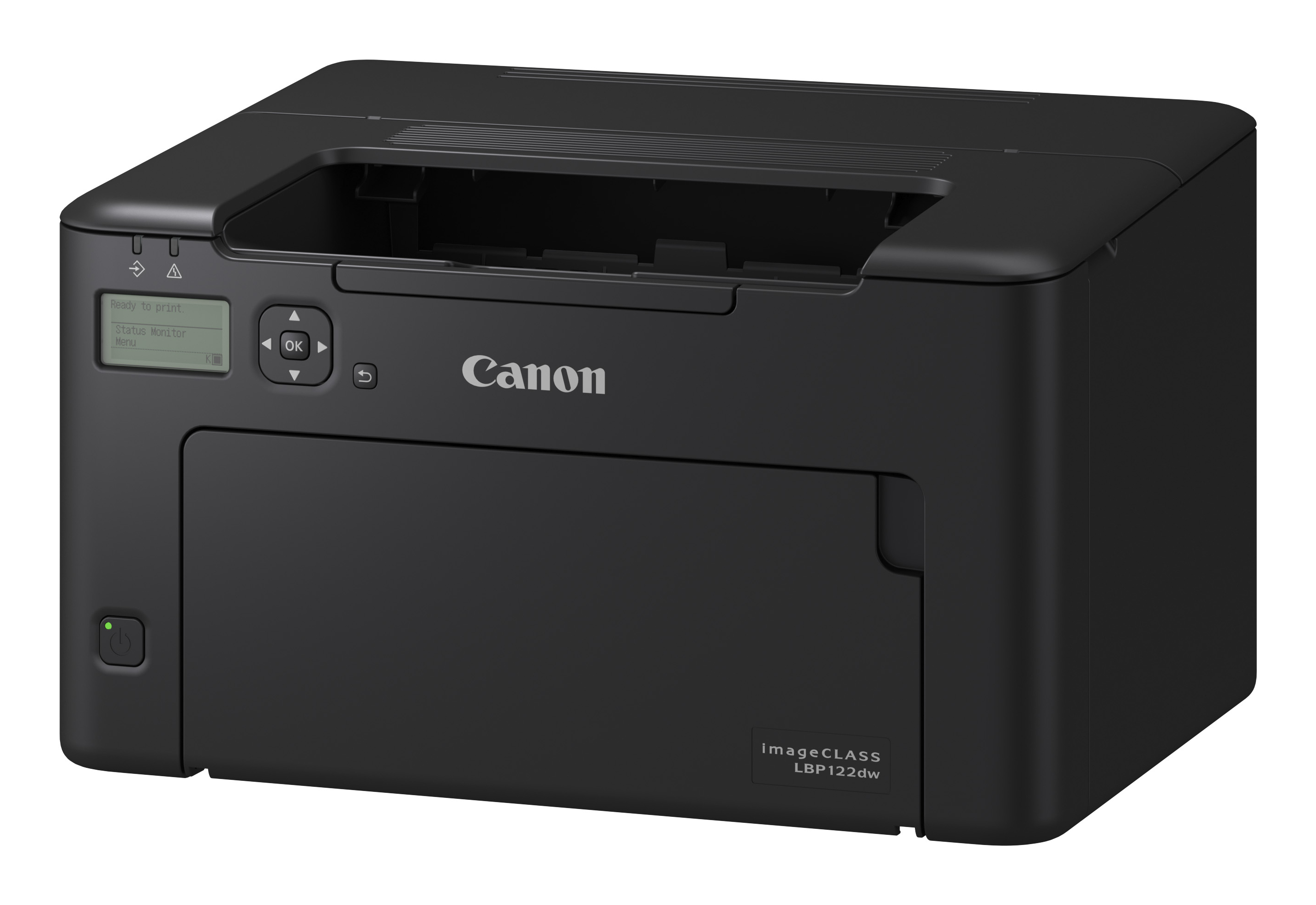 Schwarzer Canon Laserdrucker mit Bedienfeld und Papierausgabe.