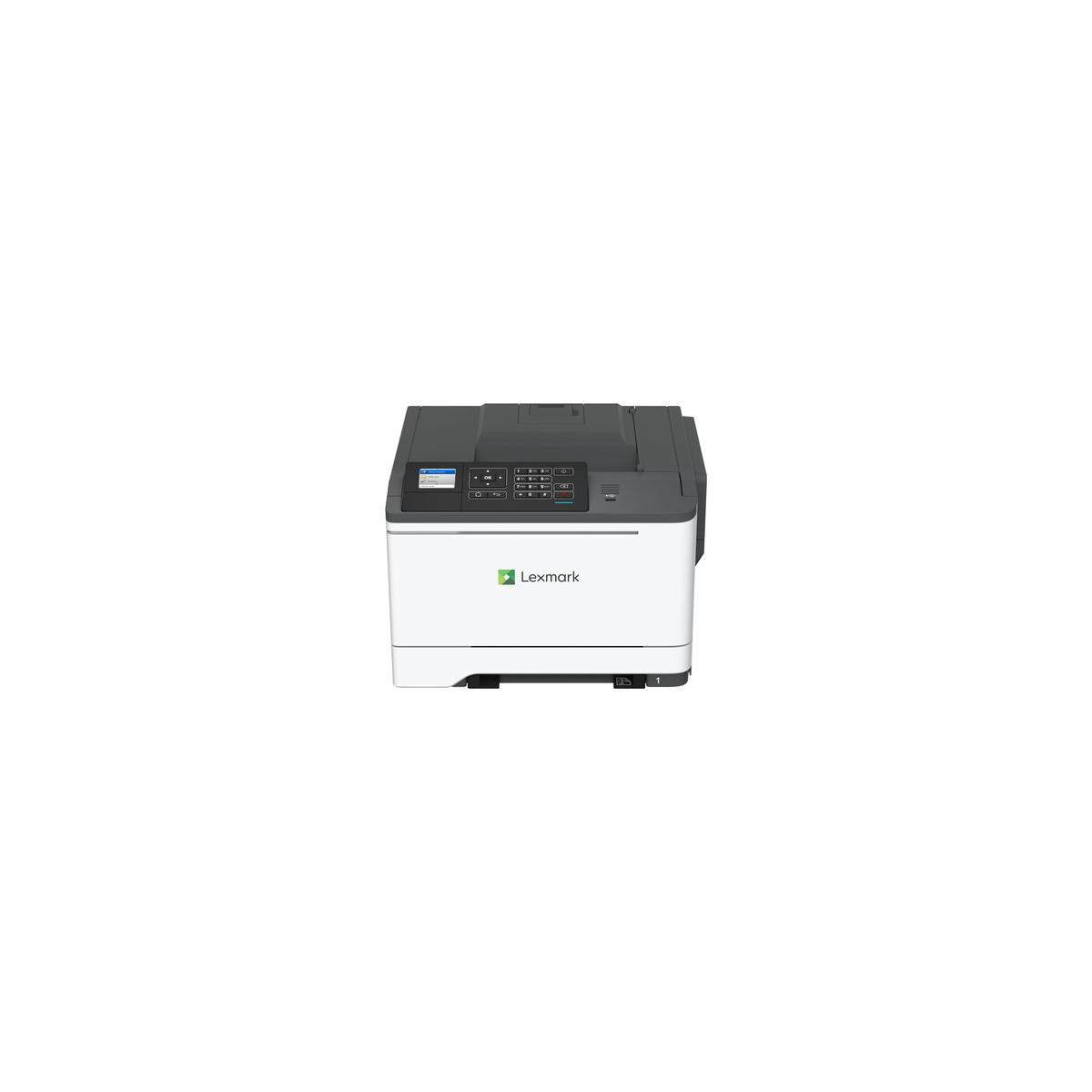 Una stampante Lexmark bianca e grigia con pannello di controllo e logo.