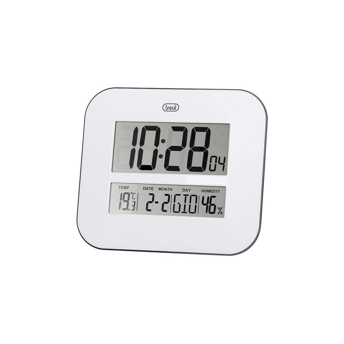 Eine weiße Digitaluhr zeigt 10:28, Temp 19,5C, Datum 2-26, Tag 10, Luftfeuchtigkeit 46%.