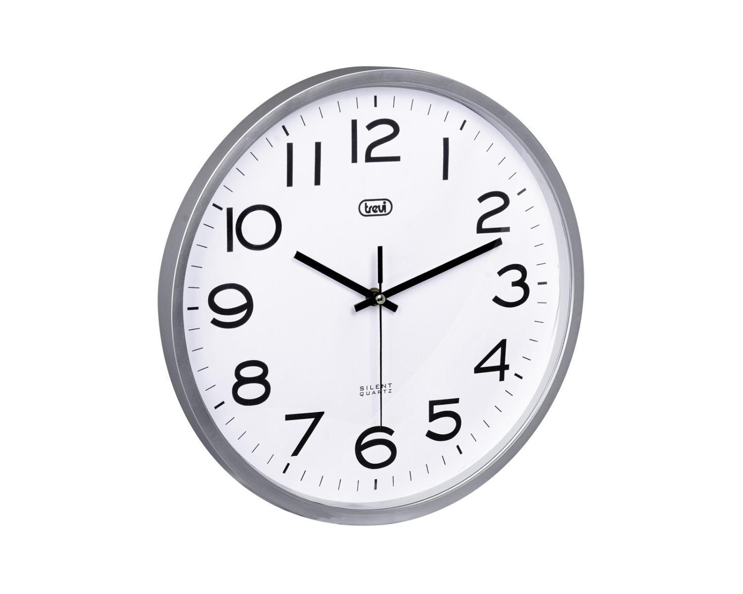 Eine weiße Wanduhr mit silbernem Rahmen und schwarzen Ziffern. Die Zeiger zeigen auf 9:55.
