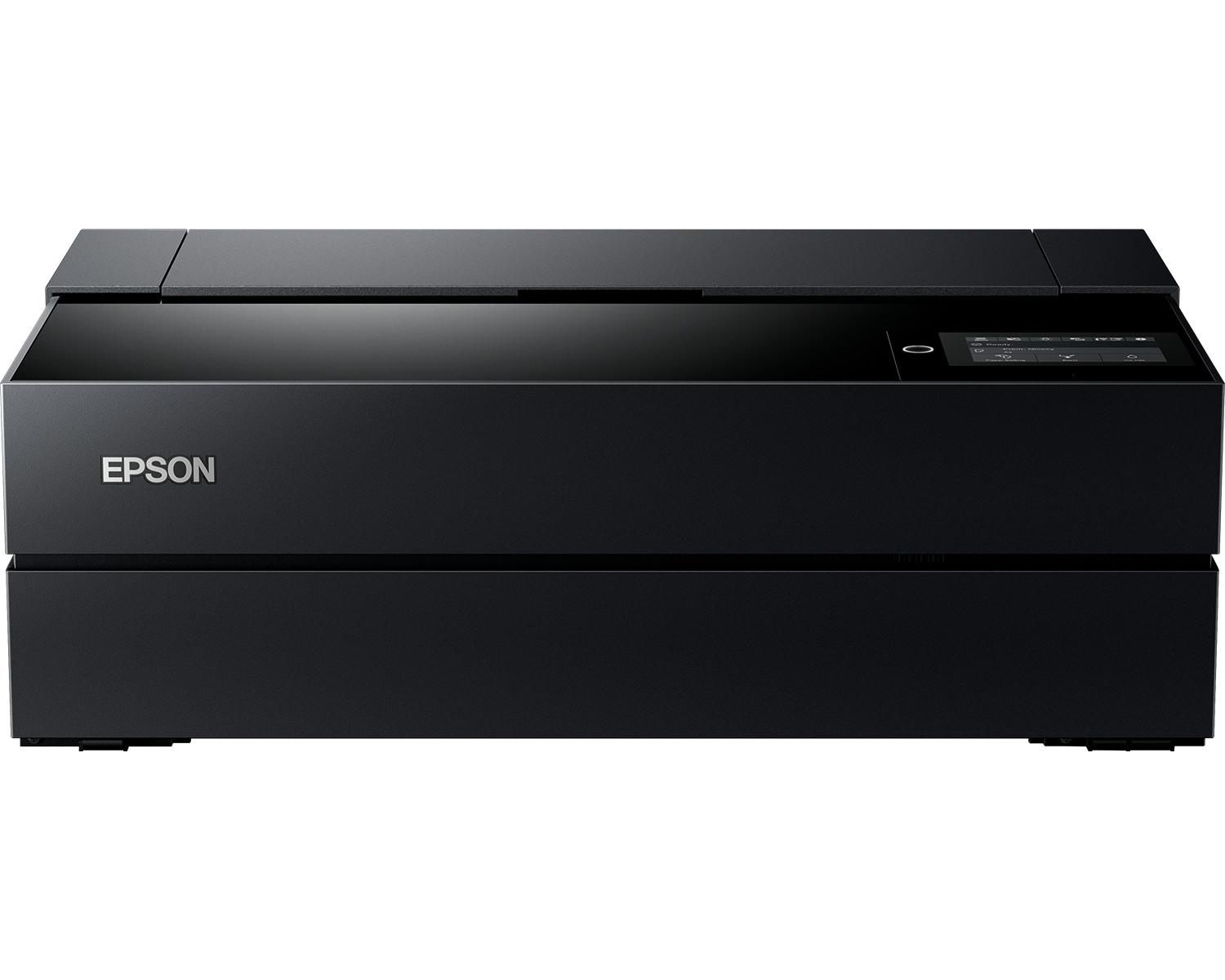 A black Epson printer featuring a touchscreen display and the Epson logo.