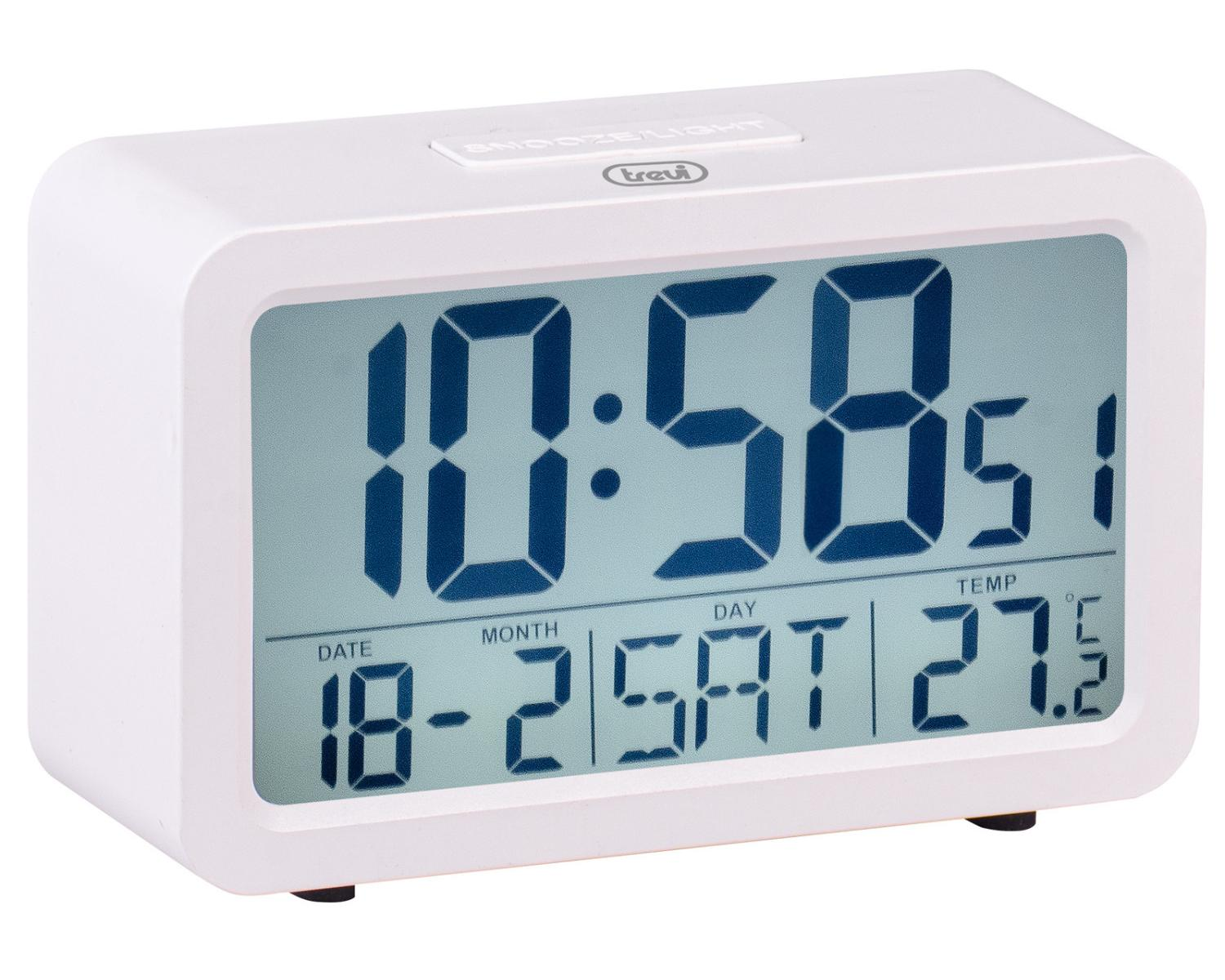 Ein weißer digitaler Wecker zeigt 10:58 Uhr, Datum 18-2, Tag SAT, Temperatur 27.5 C.