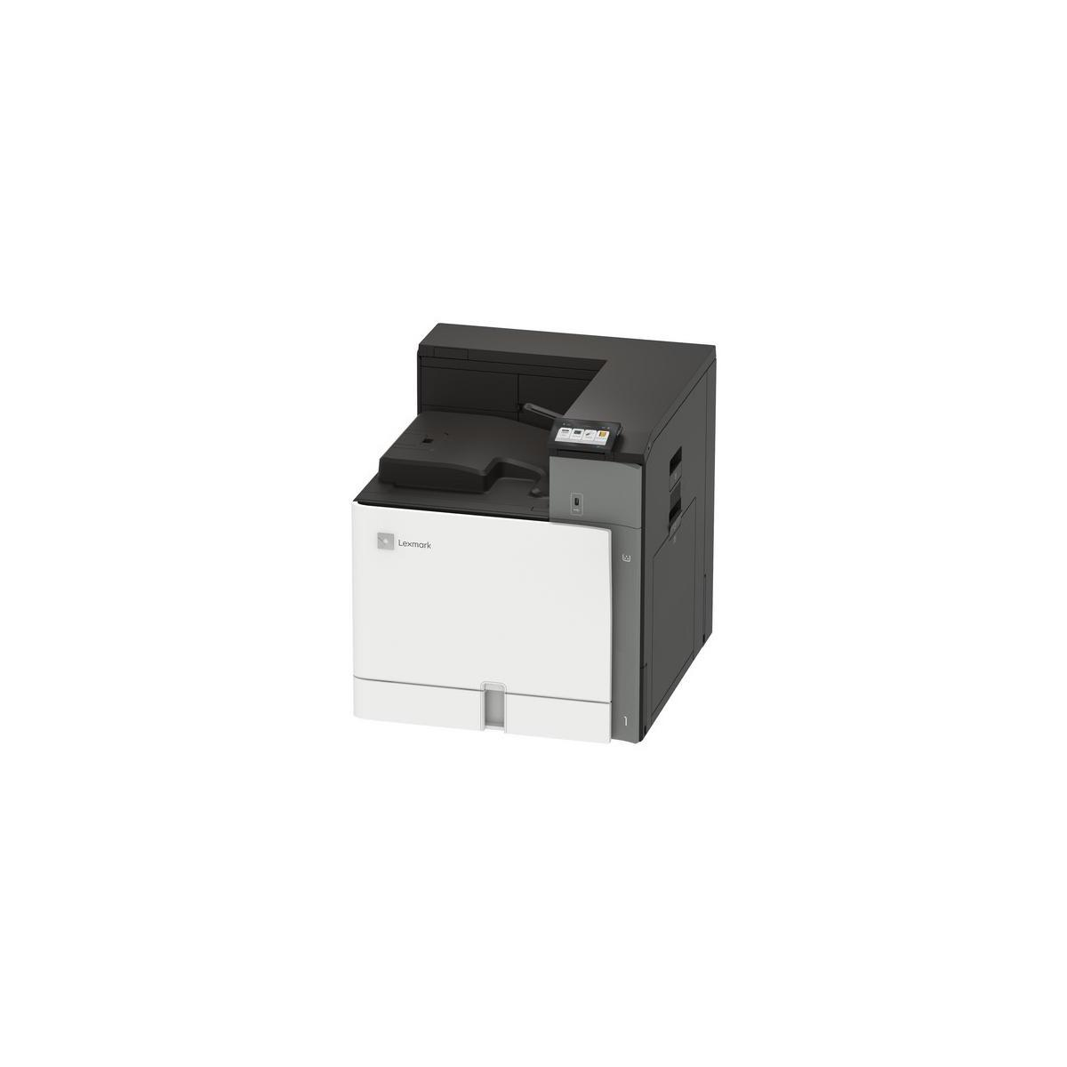 Una impresora Lexmark blanca y negra se muestra sobre un fondo blanco.