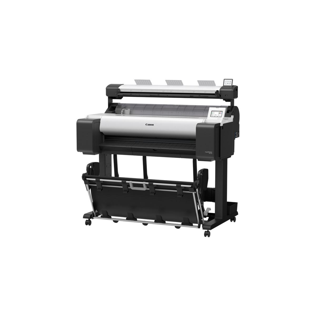 Ein großer Canon-Drucker mit schwarzem Ständer und Papierfach.