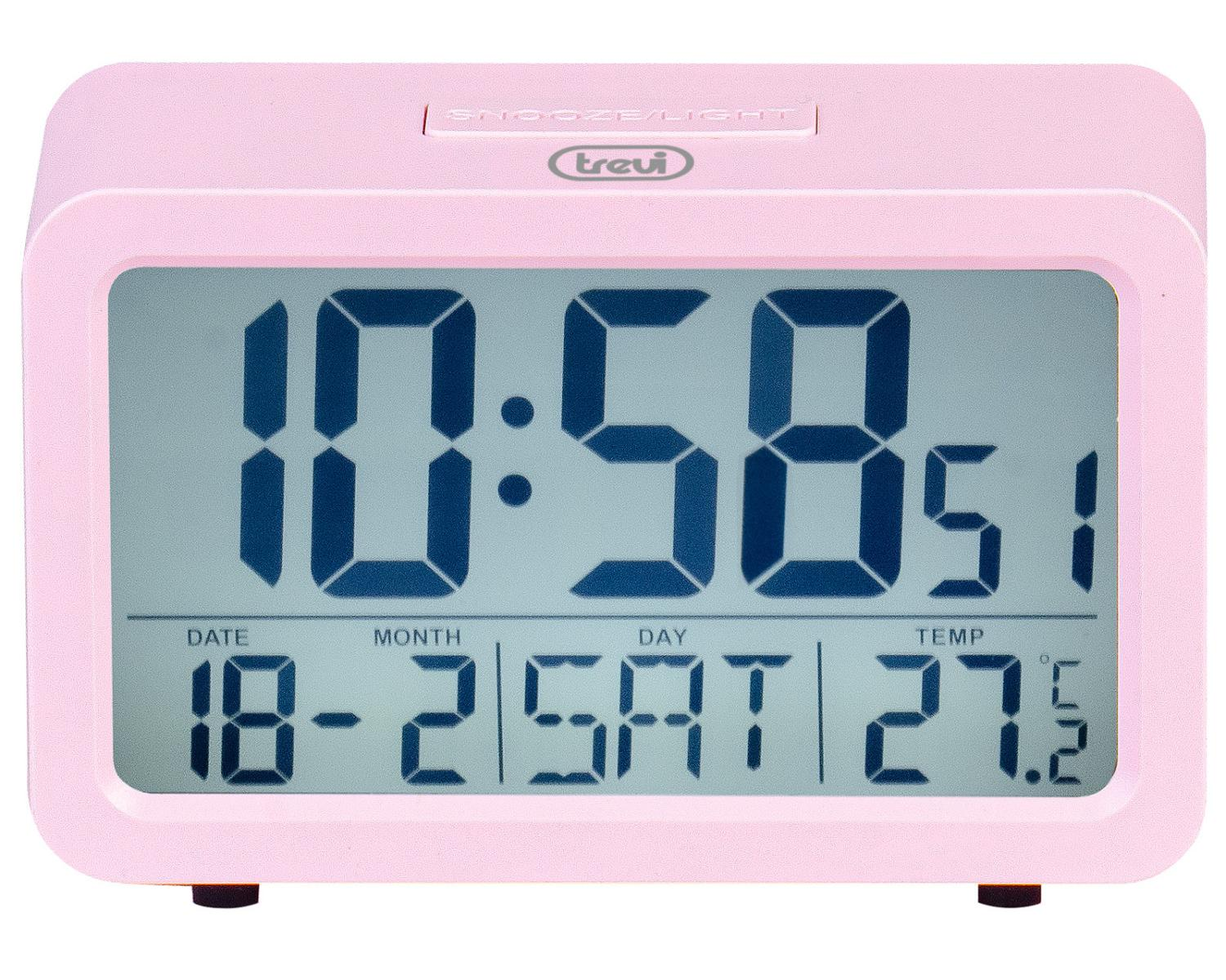 Ein rosafarbener Digitalwecker zeigt 10:58, 18-21 Sat, 27,5 Grad.