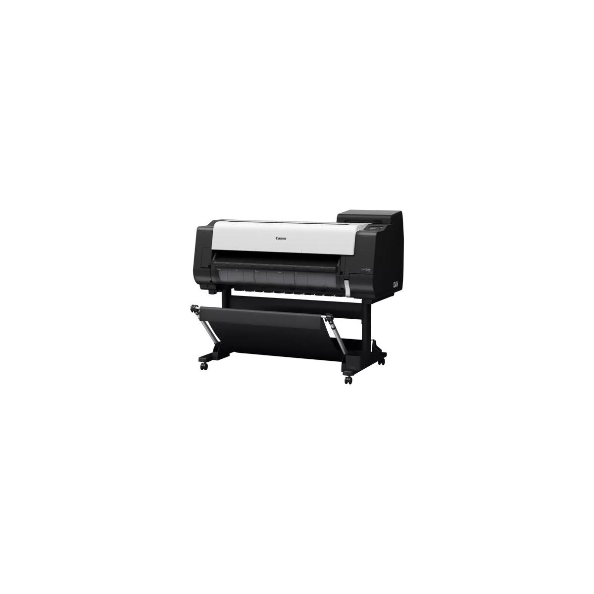 Une imprimante grand format Canon, noire et blanche, est présentée sur un support à roulettes.