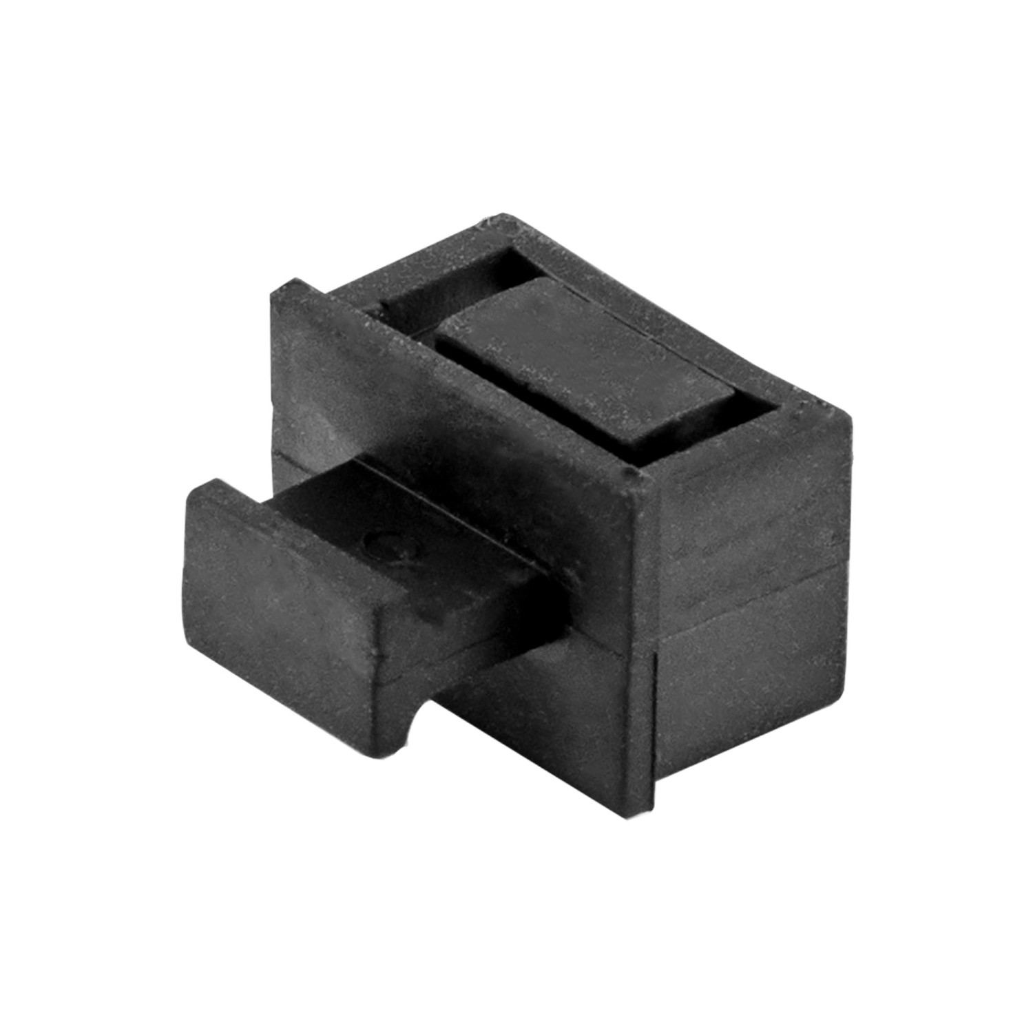 Ein schwarzer Kunststoffstecker mit einem Haken und einem Schlitz.