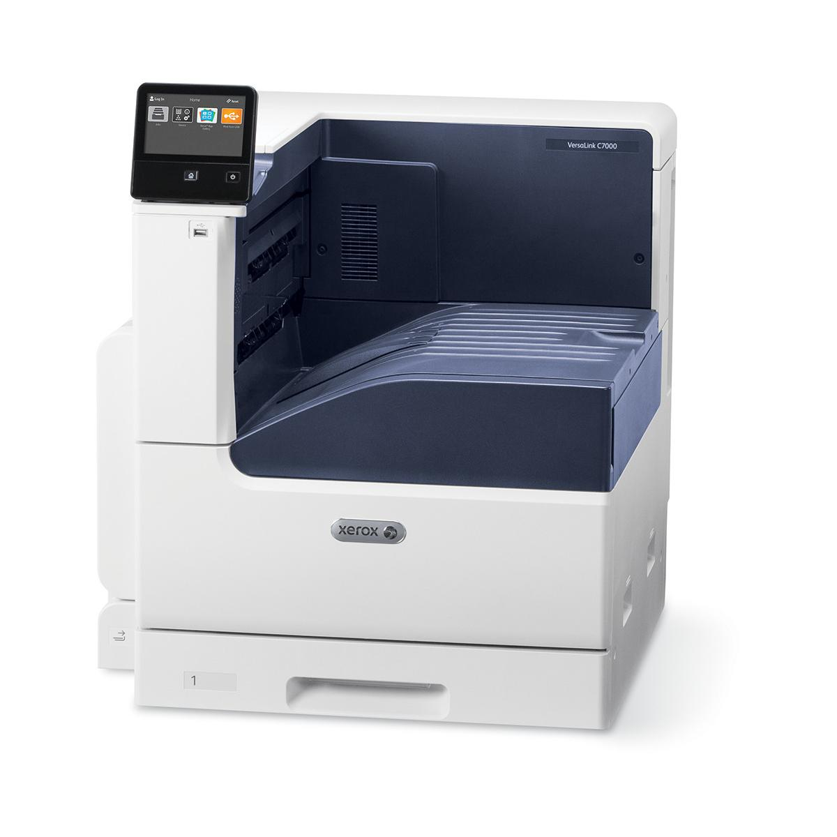 Una stampante Xerox VersaLink C7000 bianca con interno blu scuro e touchscreen.
