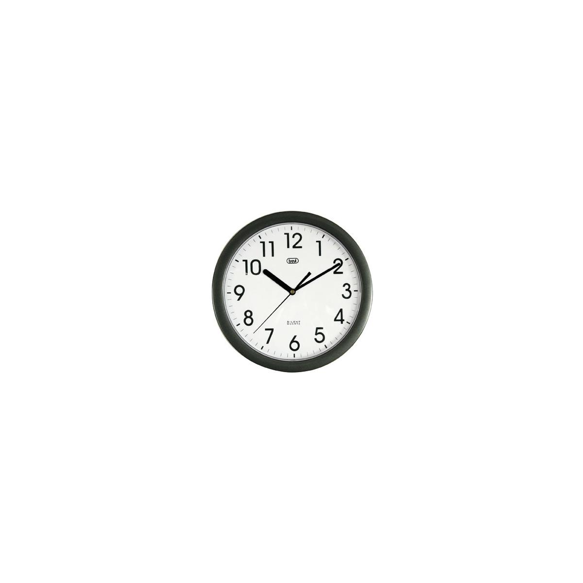 Eine runde Wanduhr mit schwarzen Ziffern und Zeigern auf weißem Zifferblatt.