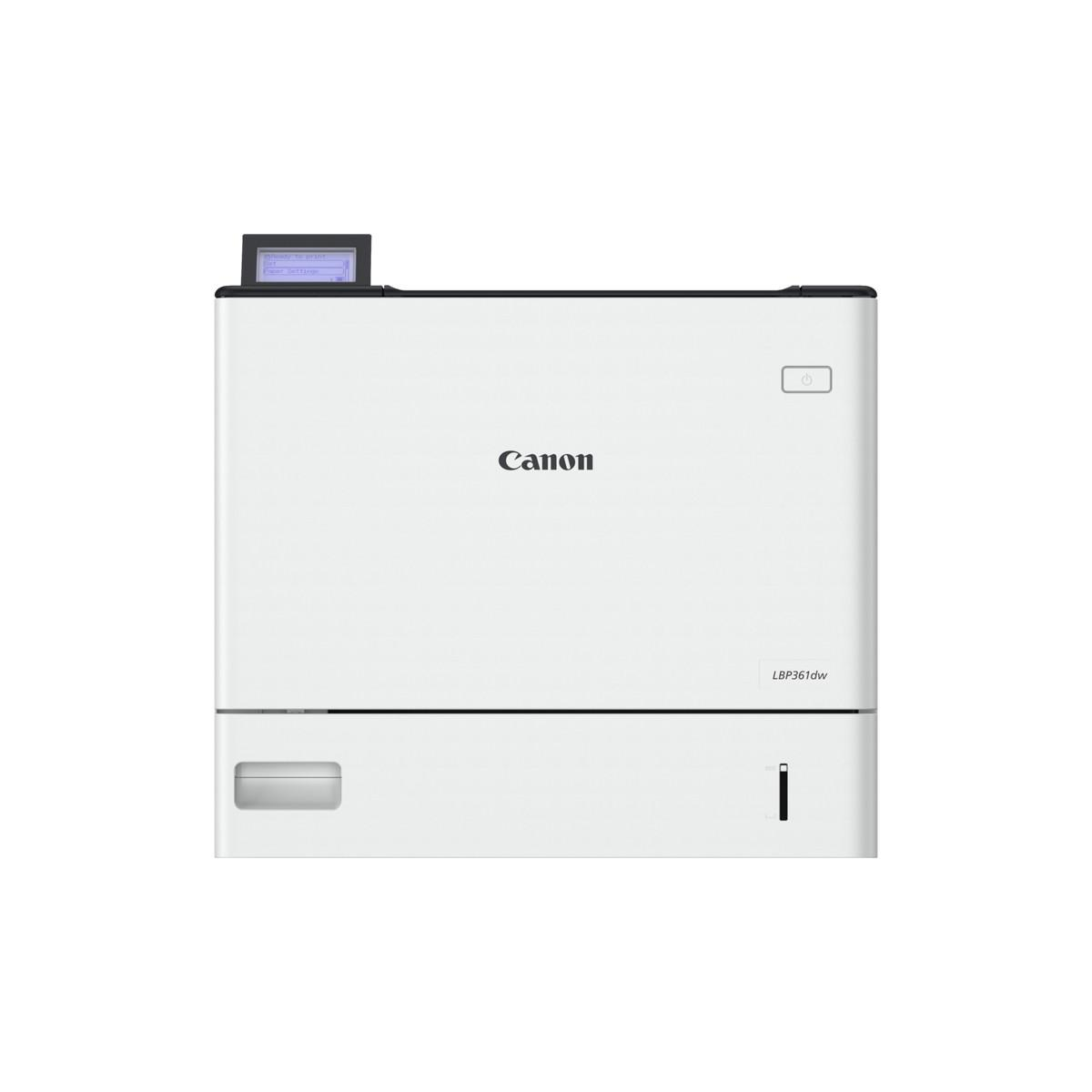 Biała drukarka Canon z panelem sterowania i tacką na papier.