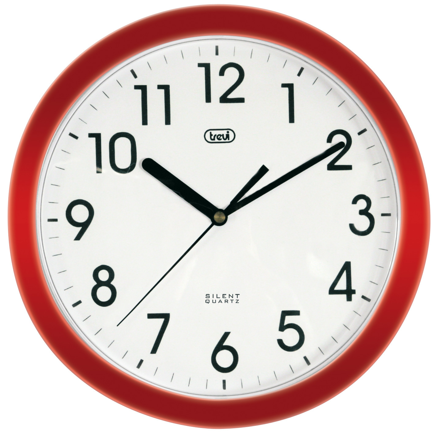 Un orologio analogico con cornice rossa e lancette nere segna le 10:09. Trevi Silent Quartz.