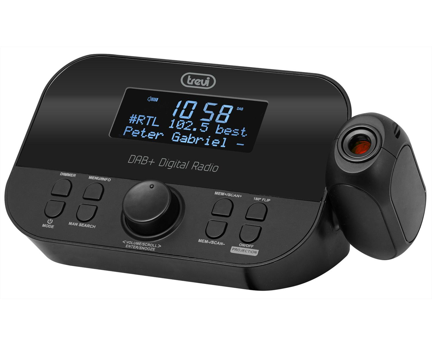 Radio digitale Trevi DAB+ nera con display che mostra ora, stazione e artista.