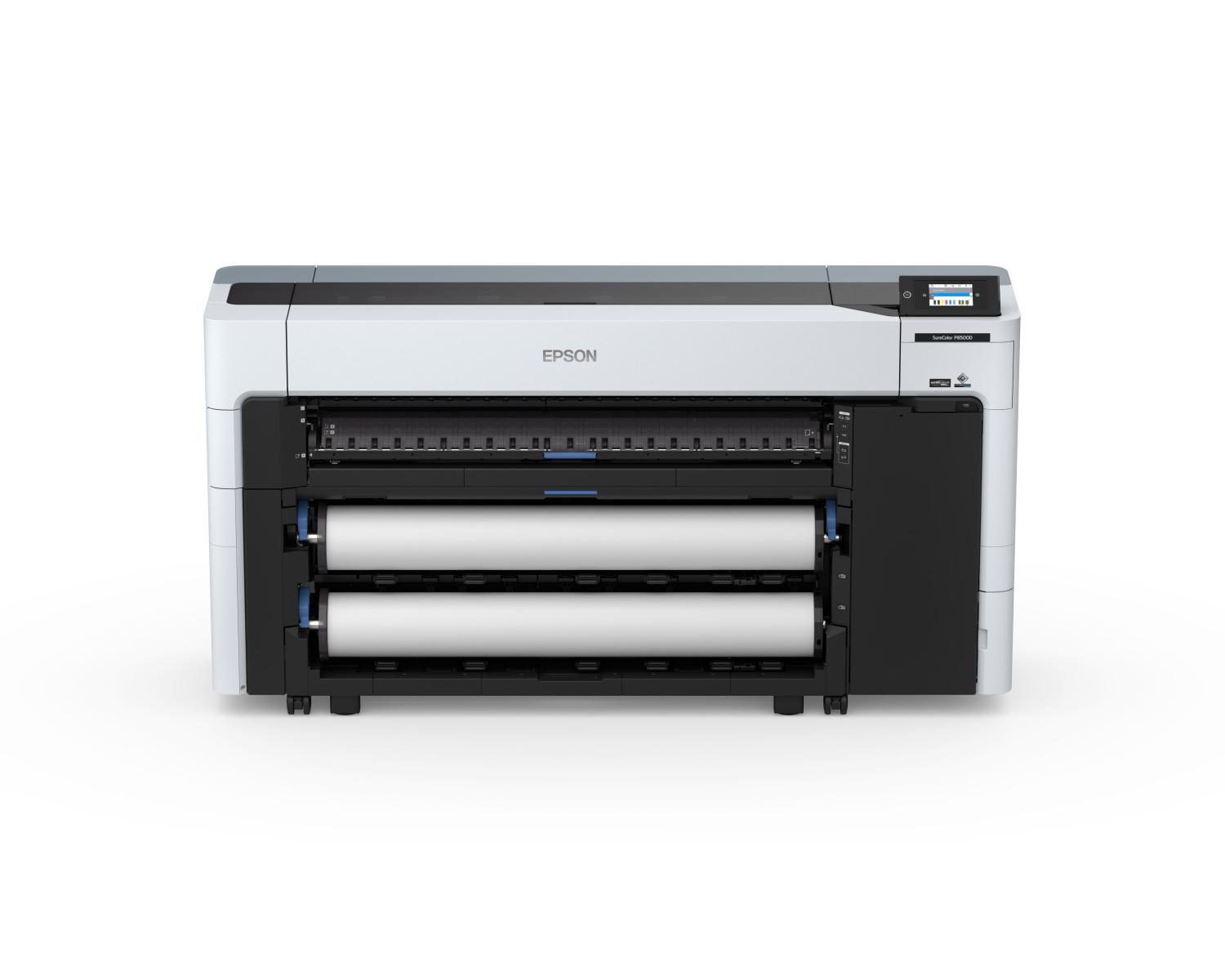 Stampante Epson bianca con due rotoli di carta caricati, su sfondo bianco.