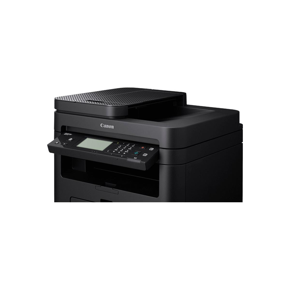 Impresora multifunción Canon negra con panel de control abatible y tapa del escáner.