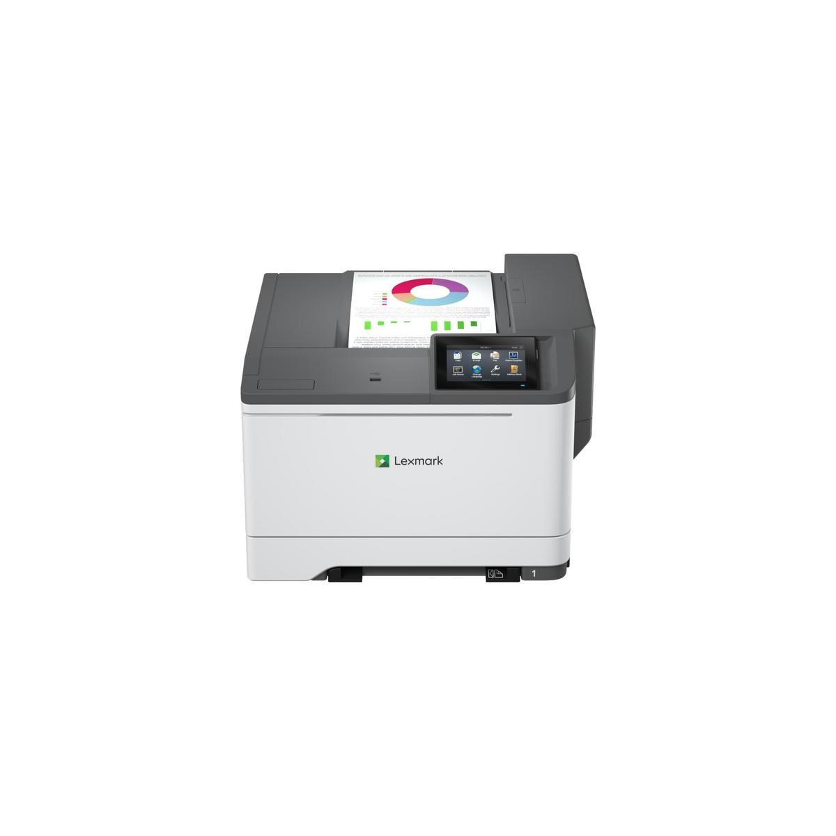 Drukarka Lexmark z ekranem dotykowym i wydrukowanym wykresem.