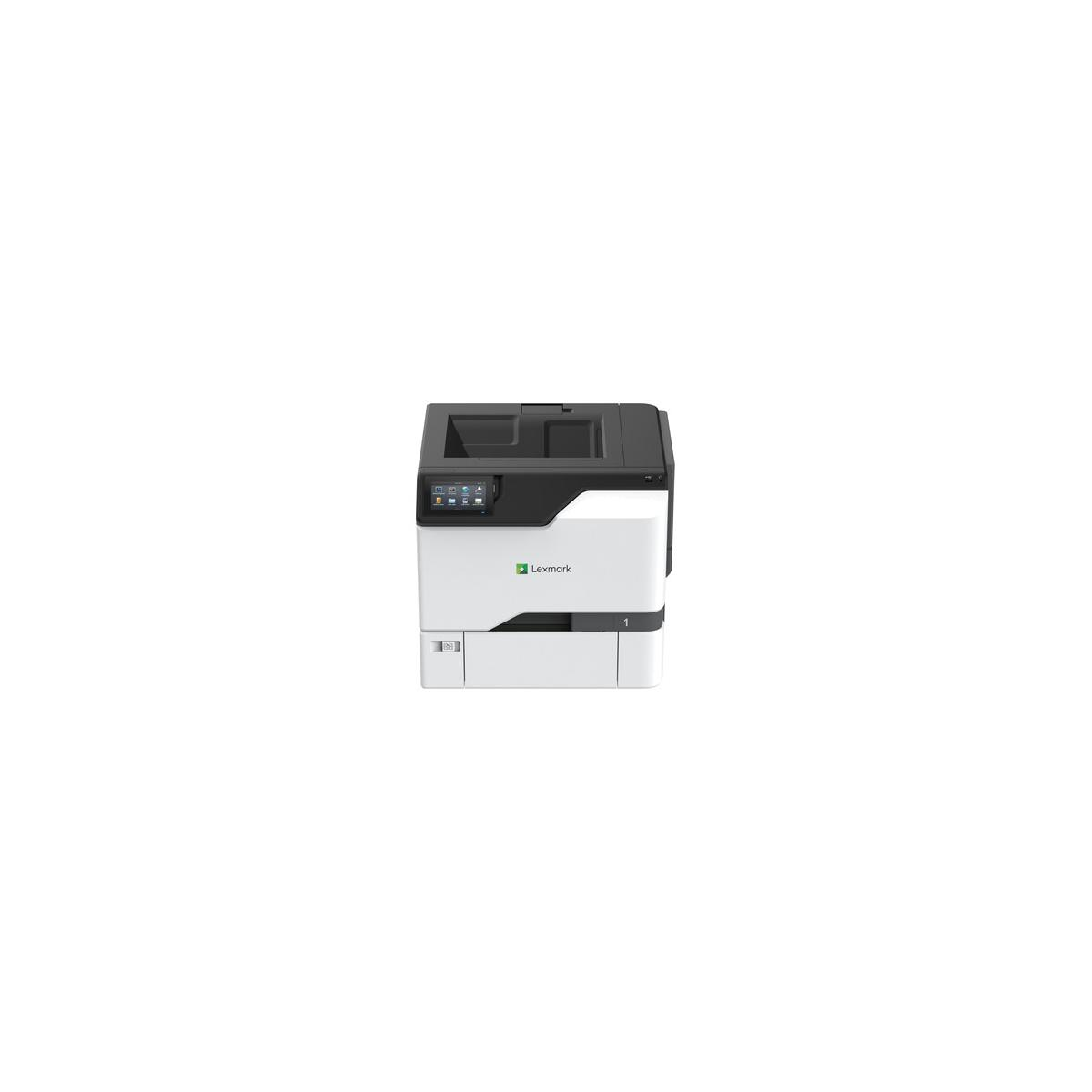 Una impresora Lexmark en blanco y negro con pantalla táctil.