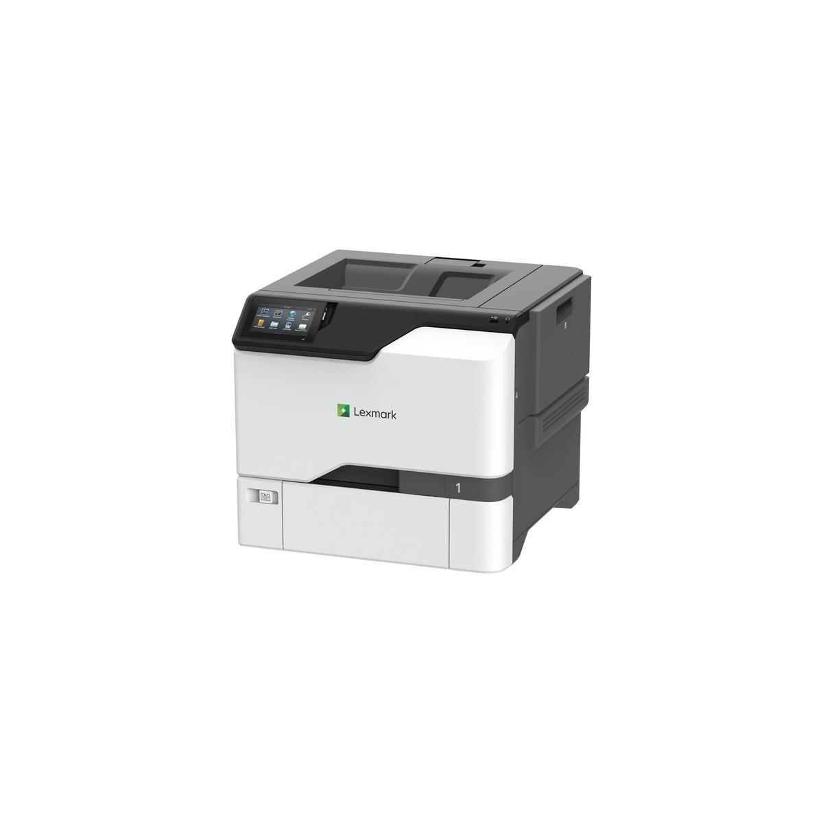 Una impresora Lexmark blanca y gris con pantalla táctil y bandeja de papel.