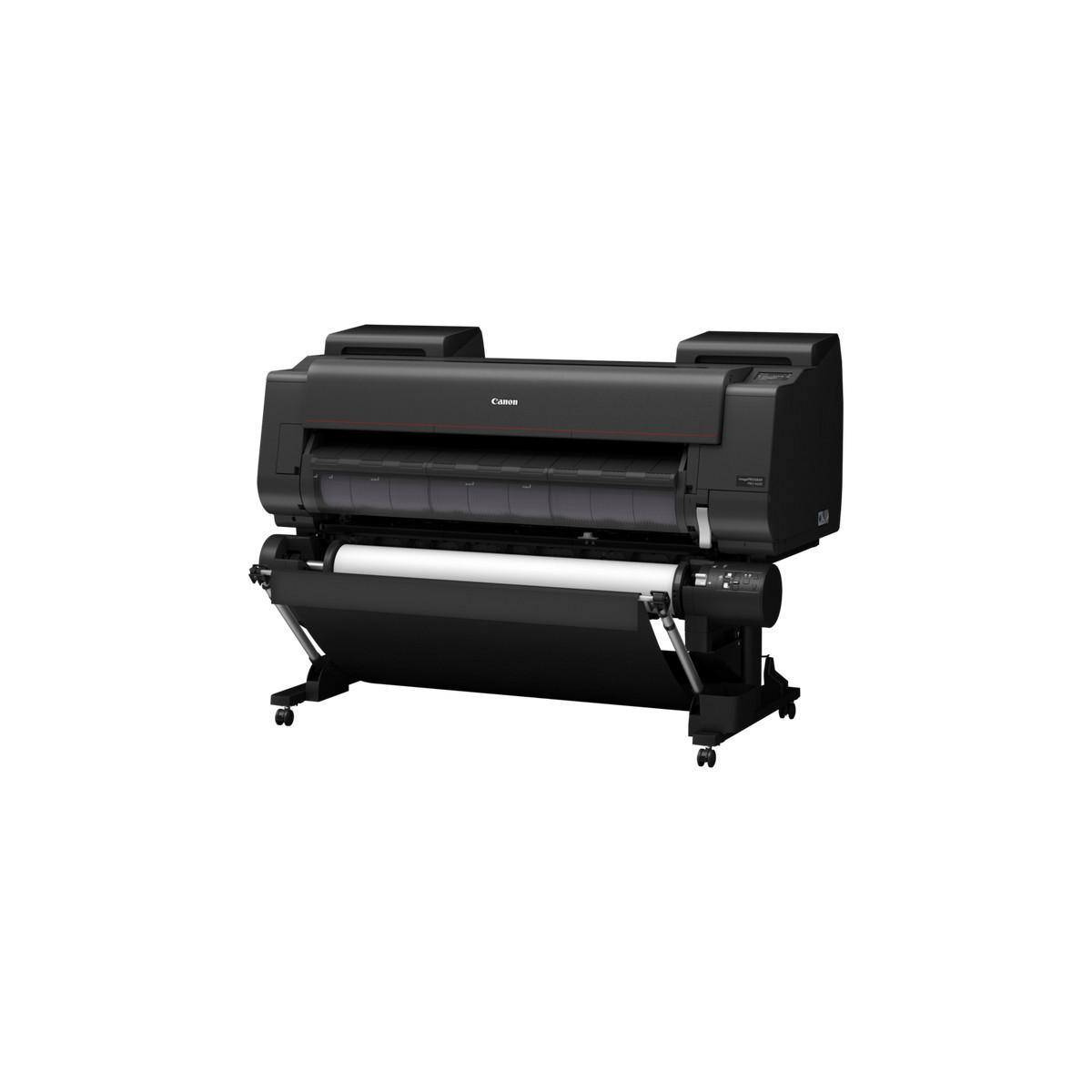 Stampante Canon di grande formato nera con rotolo di carta su supporto con ruote.