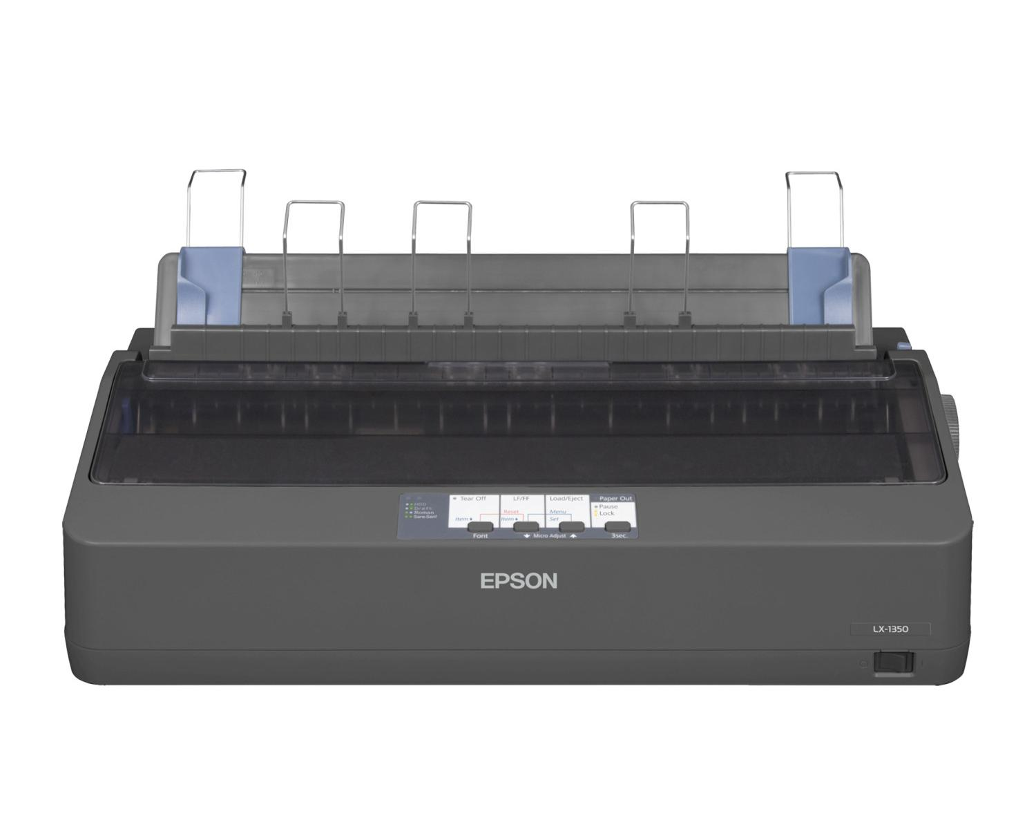 Een donkergrijze Epson LX-1350 matrixprinter met papiergeleiders bovenop.