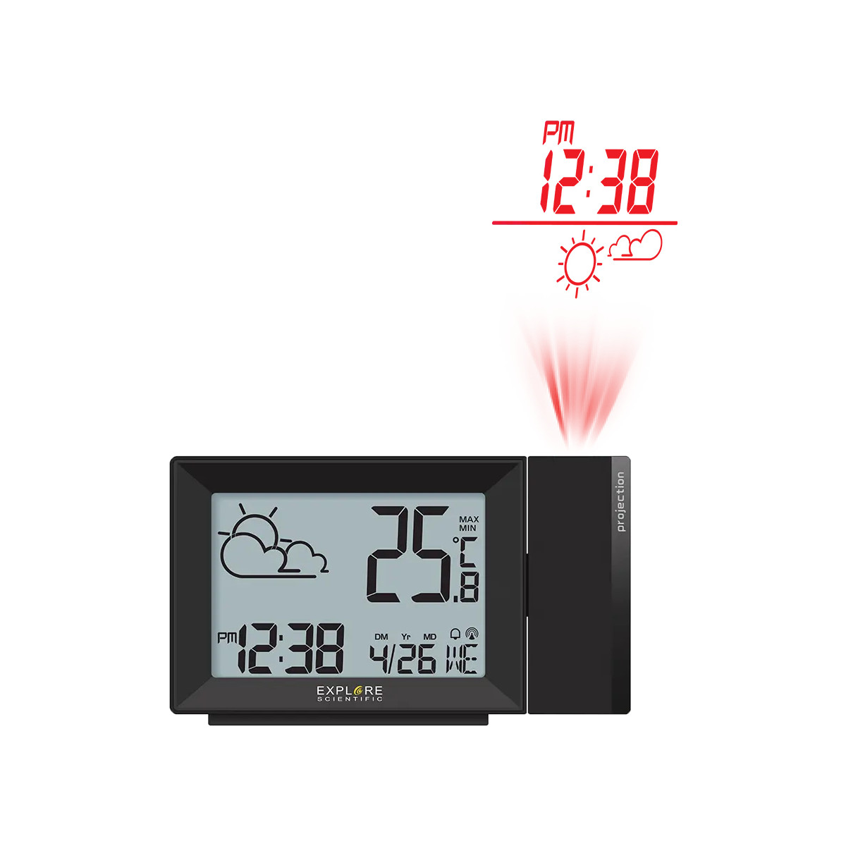 Una sveglia a proiezione mostra 12:38 e dati meteo, con proiezione rossa.